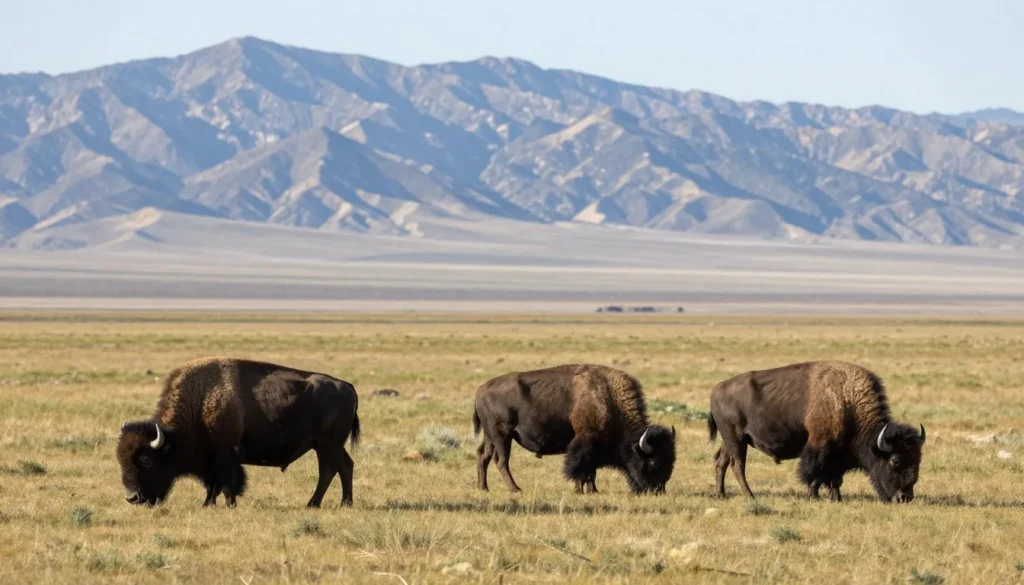 American bison grazing on Antelope Island with Great Salt Lake backdrop American bison grazing on Antelope Island with Great Salt Lake backdrop