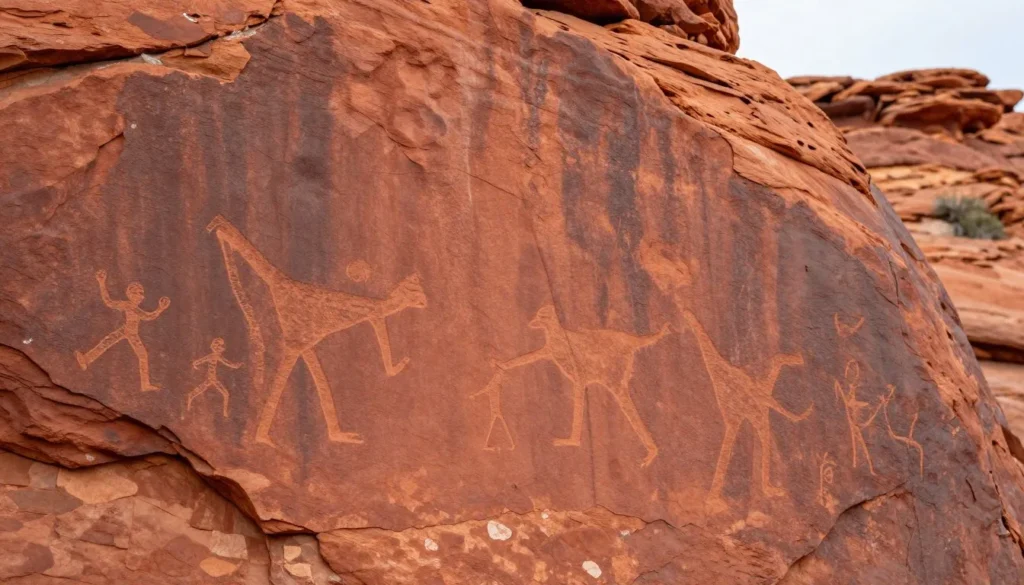 Ancient Native American rock art petroglyphs on red sandstone wall Ancient Native American rock art petroglyphs on red sandstone wall