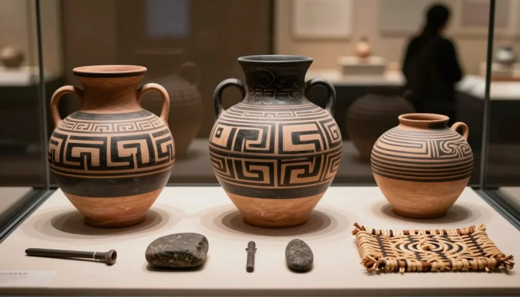 Ancient Puebloan pottery and artifacts displayed in museum exhibit