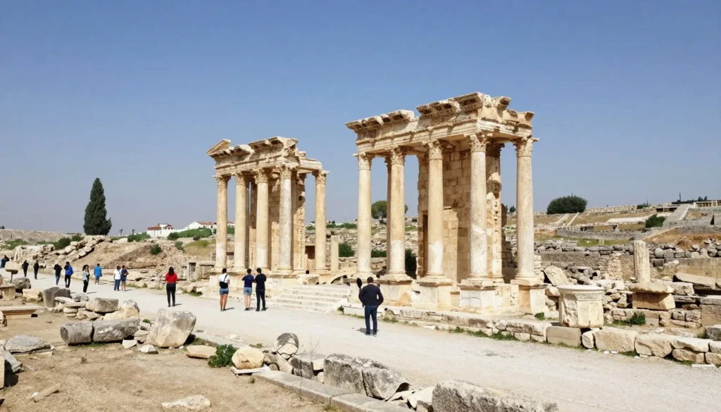 Ancient Roman columns and stone ruins at Beit Shean archaeological excavation site with tourists walking among structures