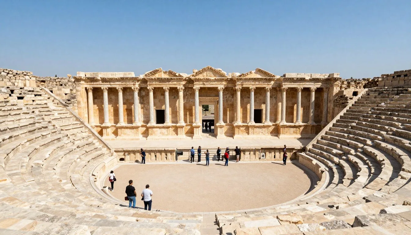 Ancient Roman theater columns at Beit Shean National Park archaeological site with visitors exploring