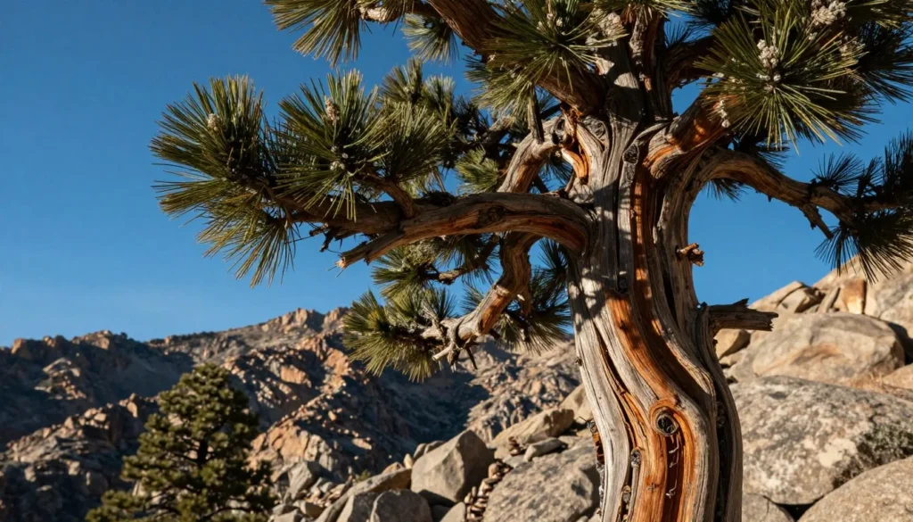 Ancient bristlecone pine tree with gnarled trunk against mountain backdrop in Great Basin National Park
