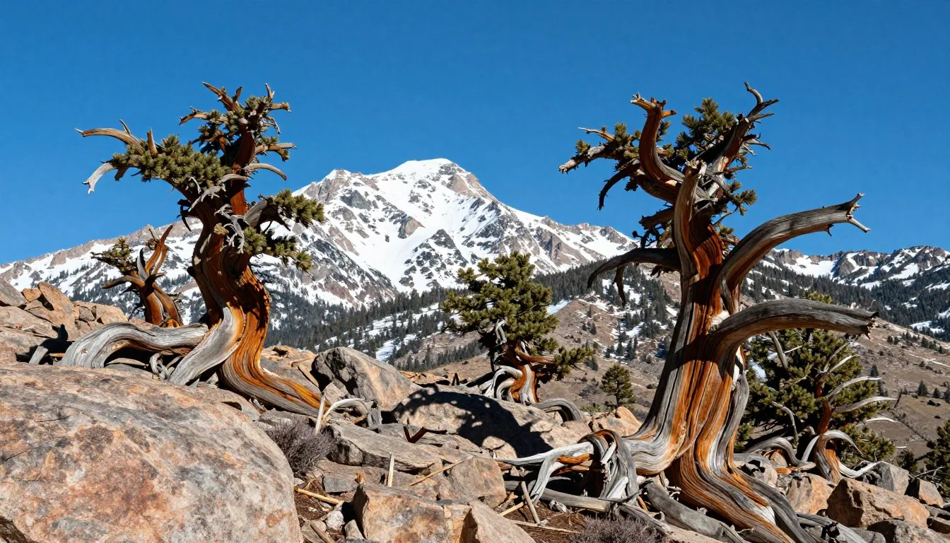Ancient-bristlecone-pine-trees-on-Wheeler-Peak-with-snow-capped-summit-and-clear-blue-sky-at Ancient bristlecone pine trees on Wheeler Peak with snow-capped summit and clear blue sky at Great Basin National Park