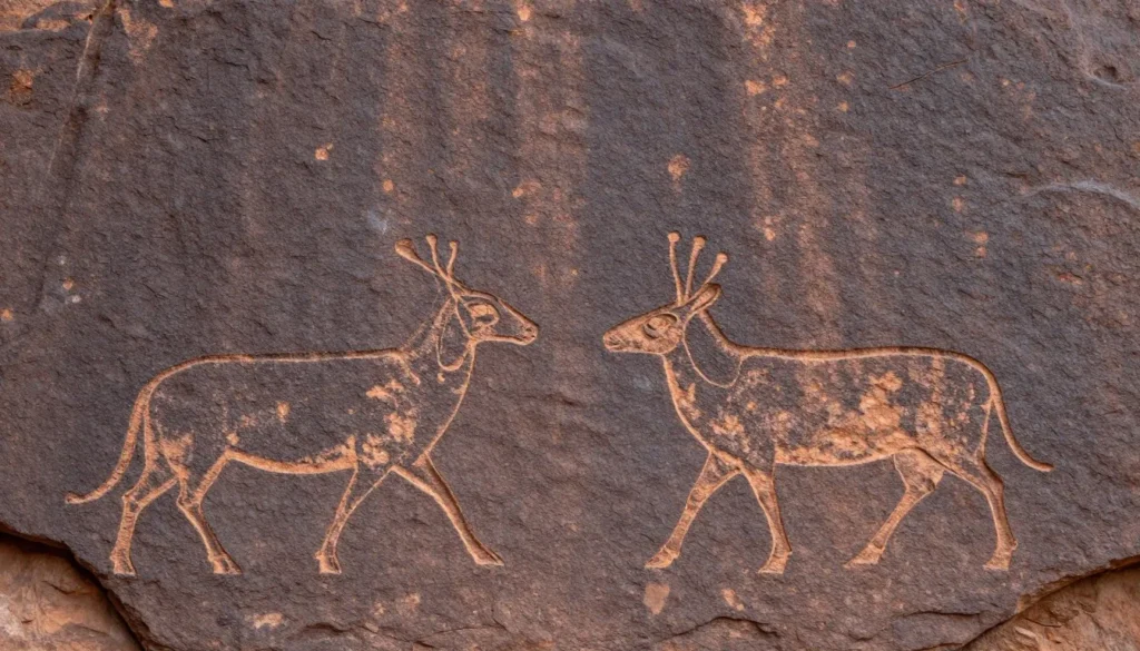 Ancient petroglyphs carved into desert varnished rock face