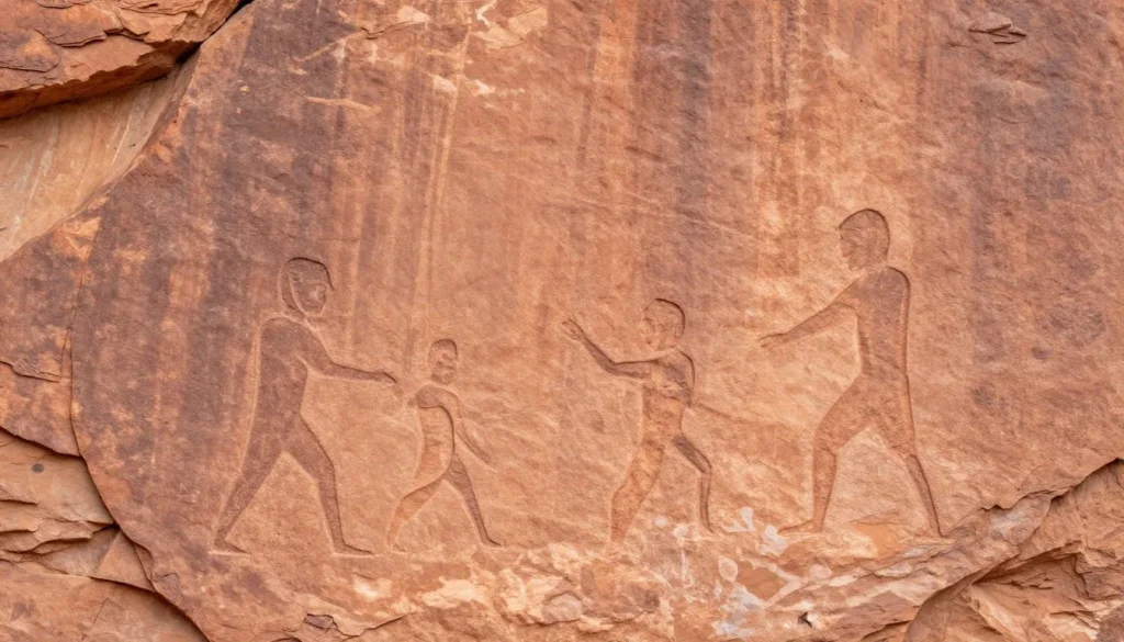 Ancient petroglyphs carved into sandstone cliff face showing indigenous art