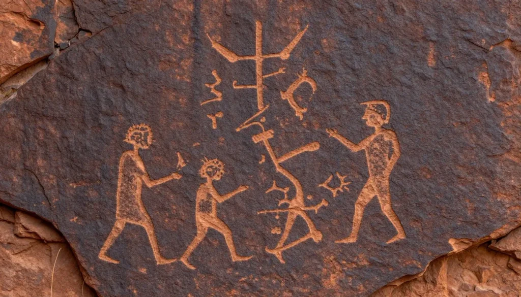 Ancient petroglyphs on desert rock face in Nevada Ancient petroglyphs on desert rock face in Nevada
