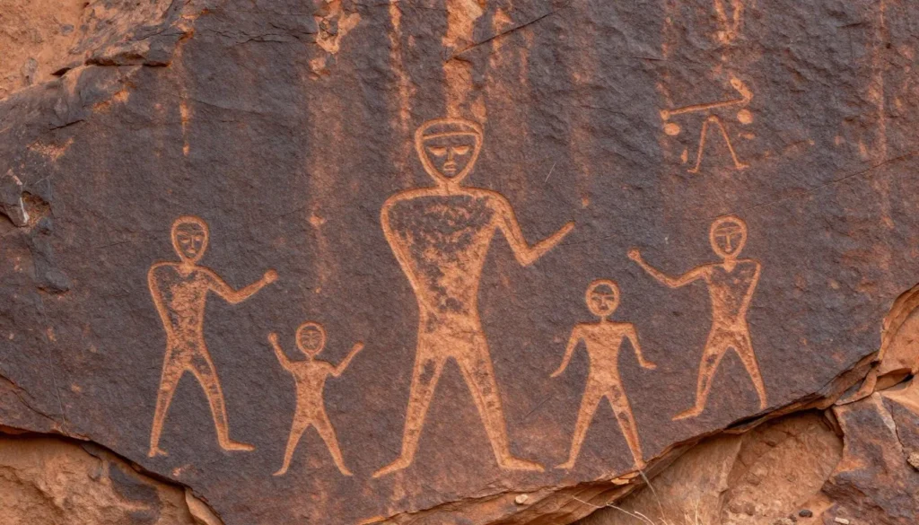 Ancient petroglyphs on desert varnished rock face in Gold Butte Ancient petroglyphs on desert varnished rock face in Gold Butte