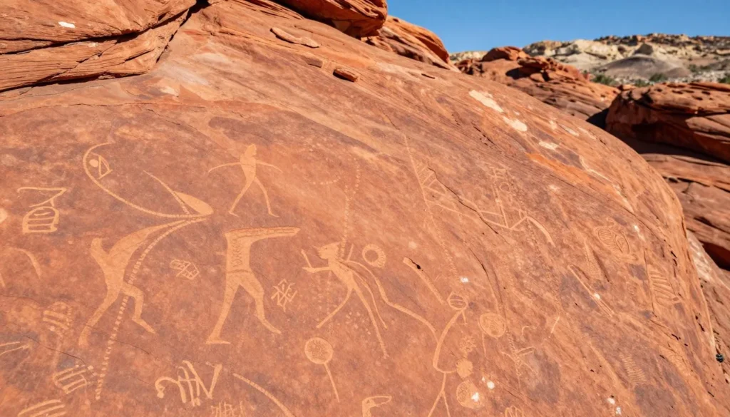 Ancient petroglyphs on red sandstone wall in Gold Butte