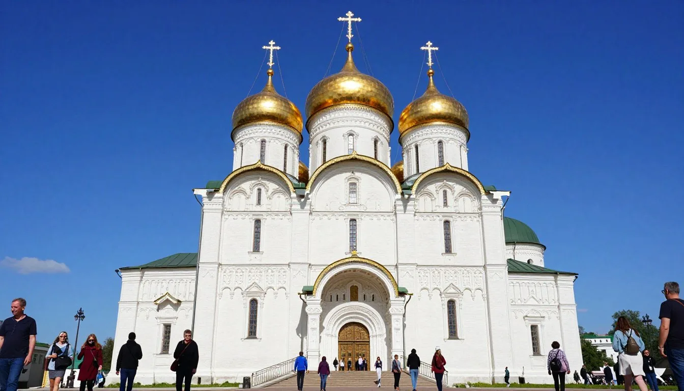 Ancient white-stone Dormition Cathedral in Vladimir with golden domes against blue sky