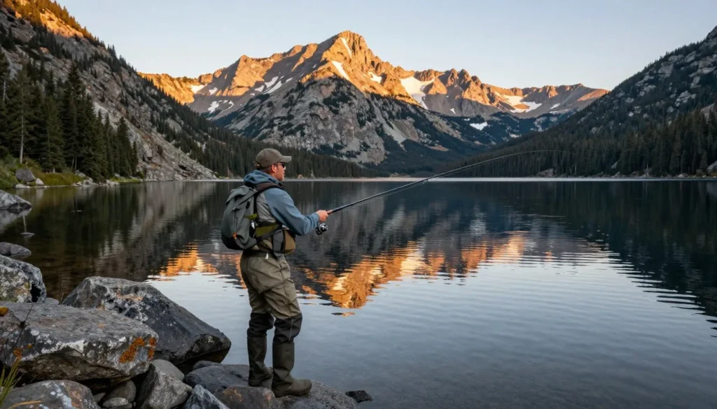 Angler fishing at Spinney Mountain Reservoir Colorado with fly rod