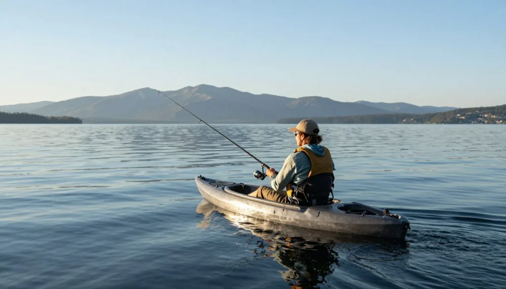 Angler fishing from kayak on Ruby Lake with mountains in background