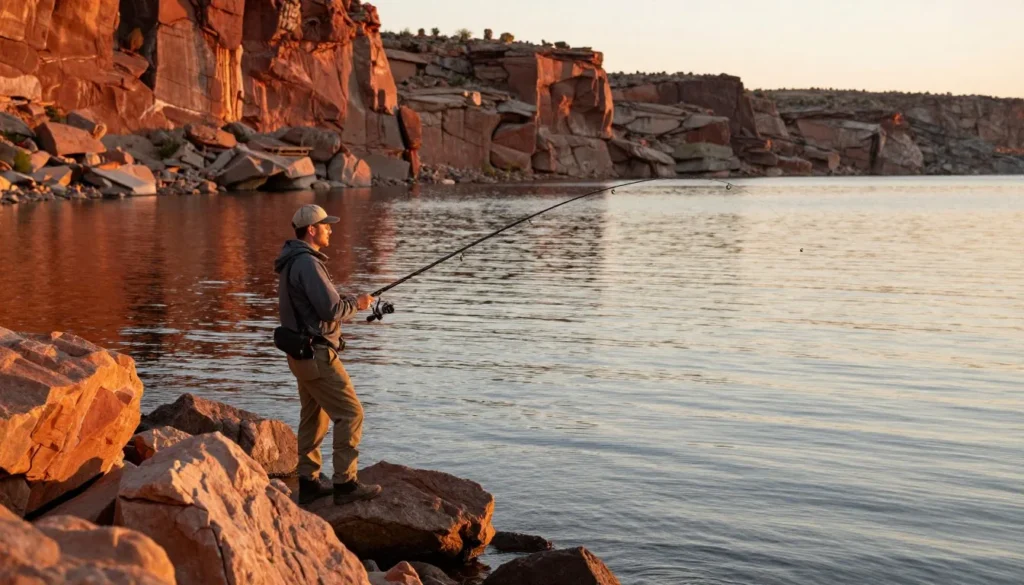 Angler fishing from rocky shore with reservoir backdrop Angler fishing from rocky shore with reservoir backdrop