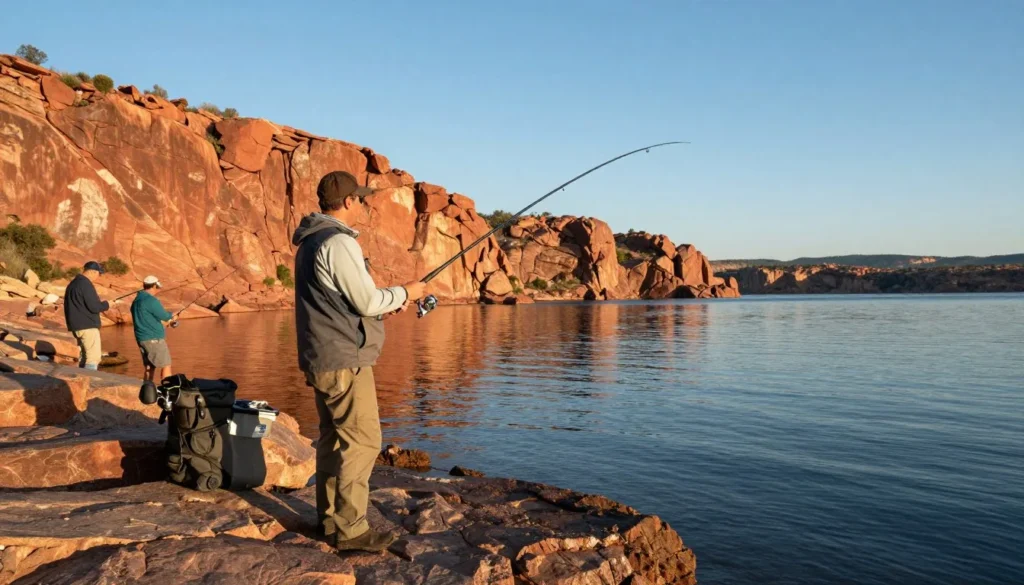 Angler fishing from shore at Huntington Reservoir Angler fishing from shore at Huntington Reservoir