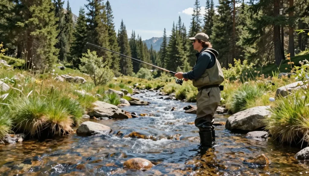 Angler fishing in mountain creek surrounded by pine forest and meadow Angler fishing in mountain creek surrounded by pine forest and meadow