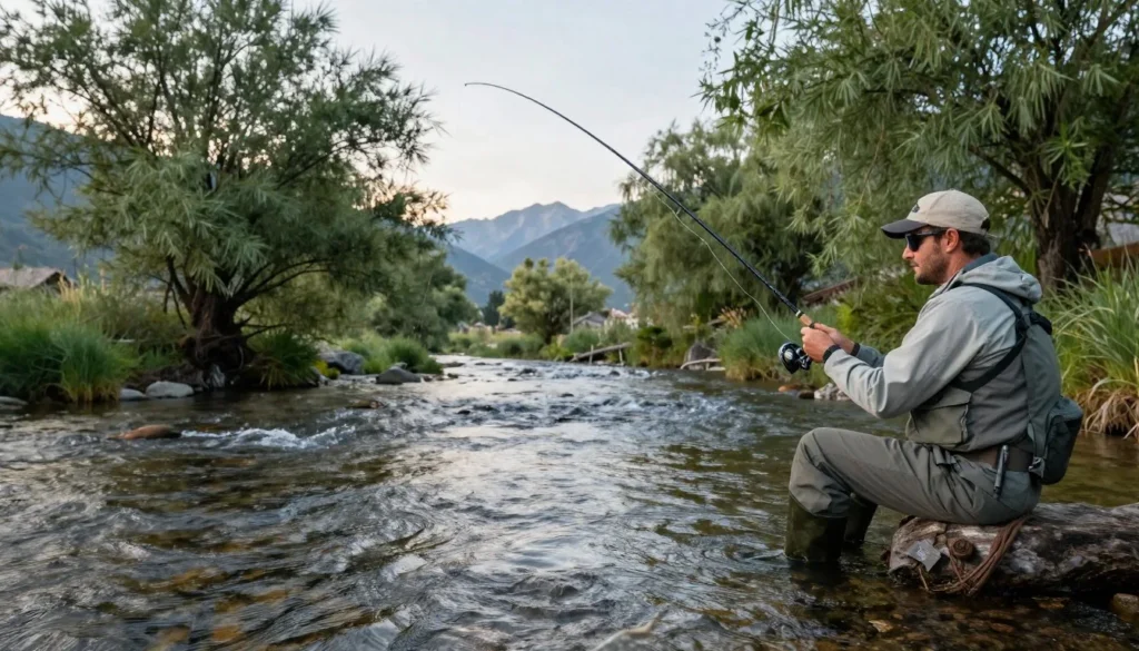 Angler fly fishing in Rifle Creek surrounded by willows Angler fly fishing in Rifle Creek surrounded by willows