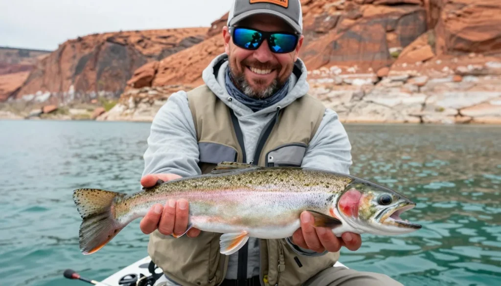 Angler holding large rainbow trout caught at Flaming Gorge
