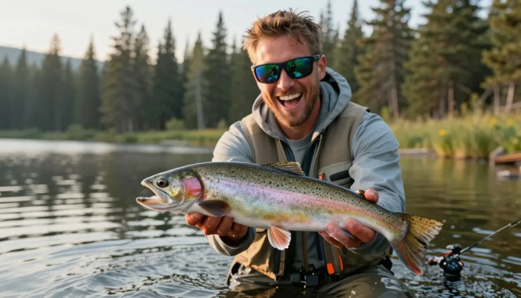 Angler holding rainbow trout with Shadow Mountain Lake in background