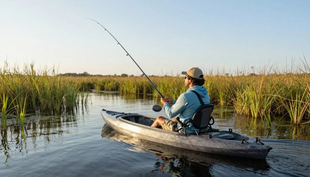Angler kayak fishing in Louisiana marsh waters Angler kayak fishing in Louisiana marsh waters