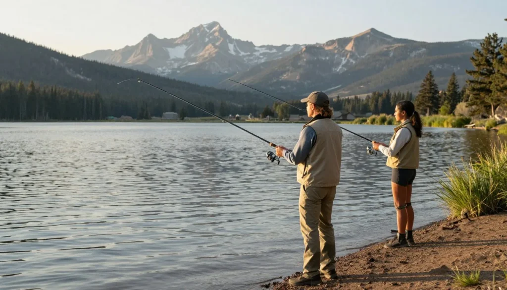 Anglers fishing at Spinney Mountain reservoir with mountain backdrop Anglers fishing at Spinney Mountain reservoir with mountain backdrop