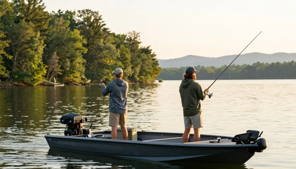 Anglers fishing from boat on Boone Lake with fishing rods and equipment