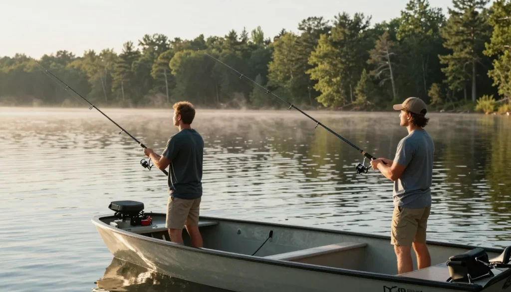 Anglers fishing from boat on Center Hill Lake Tennessee with fishing rods and tackle