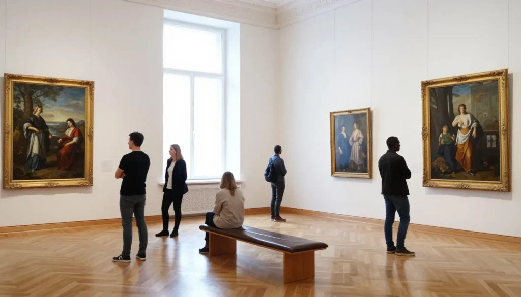 Art gallery interior displaying Russian paintings with visitors viewing artwork