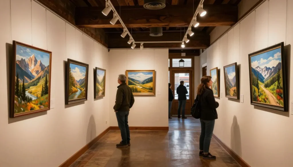 Art gallery interior showing Colorado landscape paintings and regional artwork