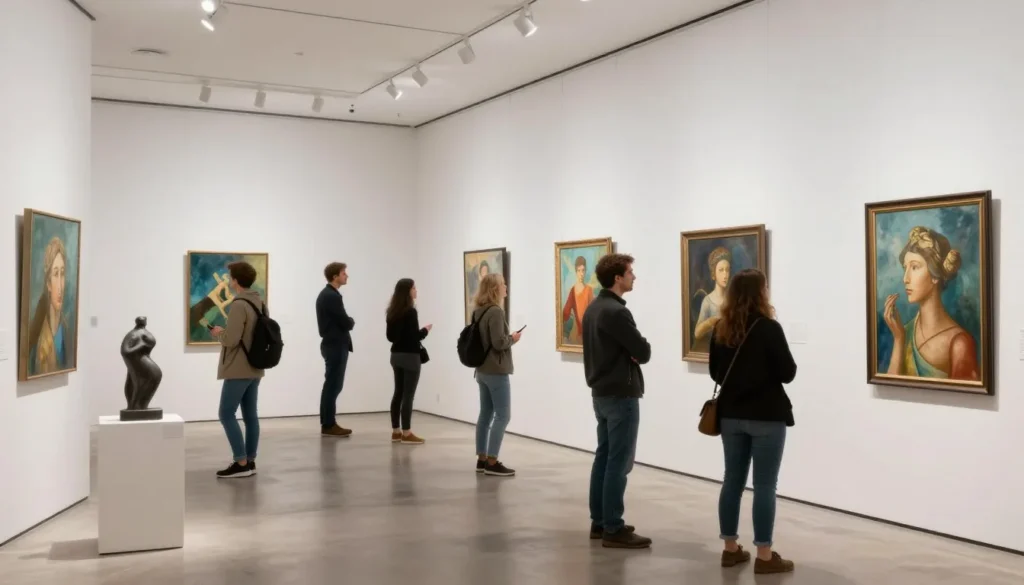 Art gallery interior with diverse visitors viewing paintings and sculptures Art gallery interior with diverse visitors viewing paintings and sculptures