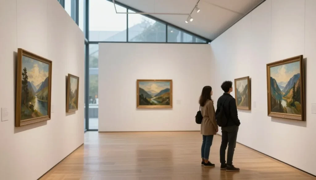 Art gallery interior with mountain-themed artwork and visitors Art gallery interior with mountain-themed artwork and visitors