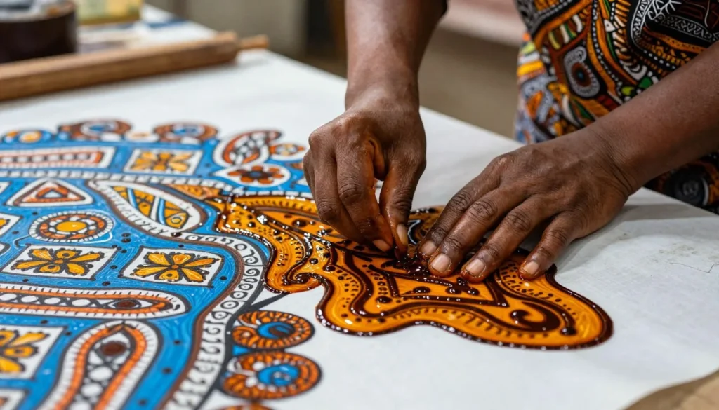 Artisan creating traditional African batik fabric with wax and dye technique Artisan creating traditional African batik fabric with wax and dye technique