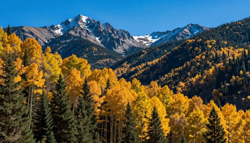 Autumn colors on Bear River Range mountain slopes with golden aspens and evergreens