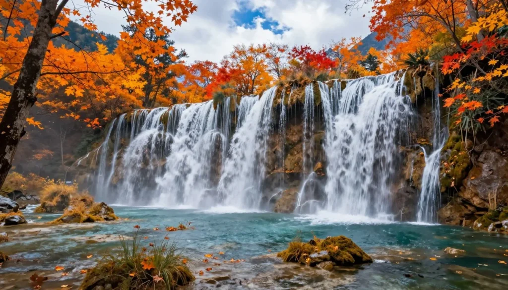 Autumn foliage surrounding Blue Hole waterfall with vibrant orange and red leaves in Tennessee