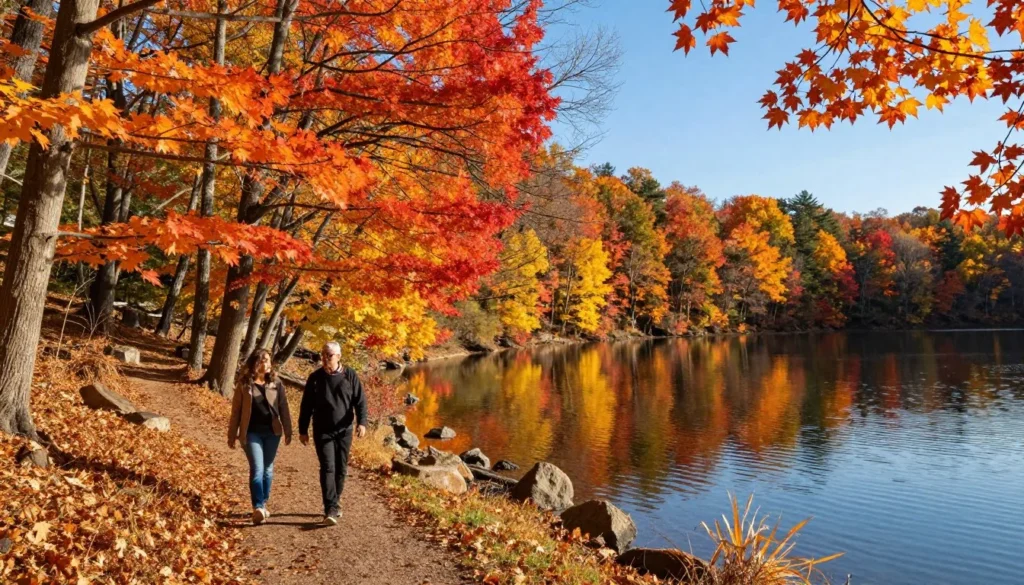 Autumn foliage surrounding Cedar Creek Lake with vibrant orange and red leaves reflected in water