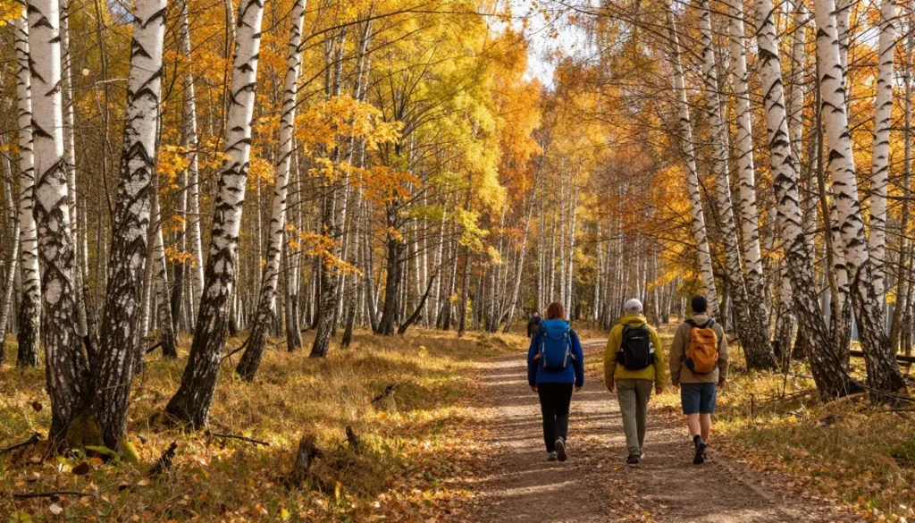 Autumn forest landscape in Udmurt Republic with golden birch trees and hiking trail Autumn forest landscape in Udmurt Republic with golden birch trees and hiking trail