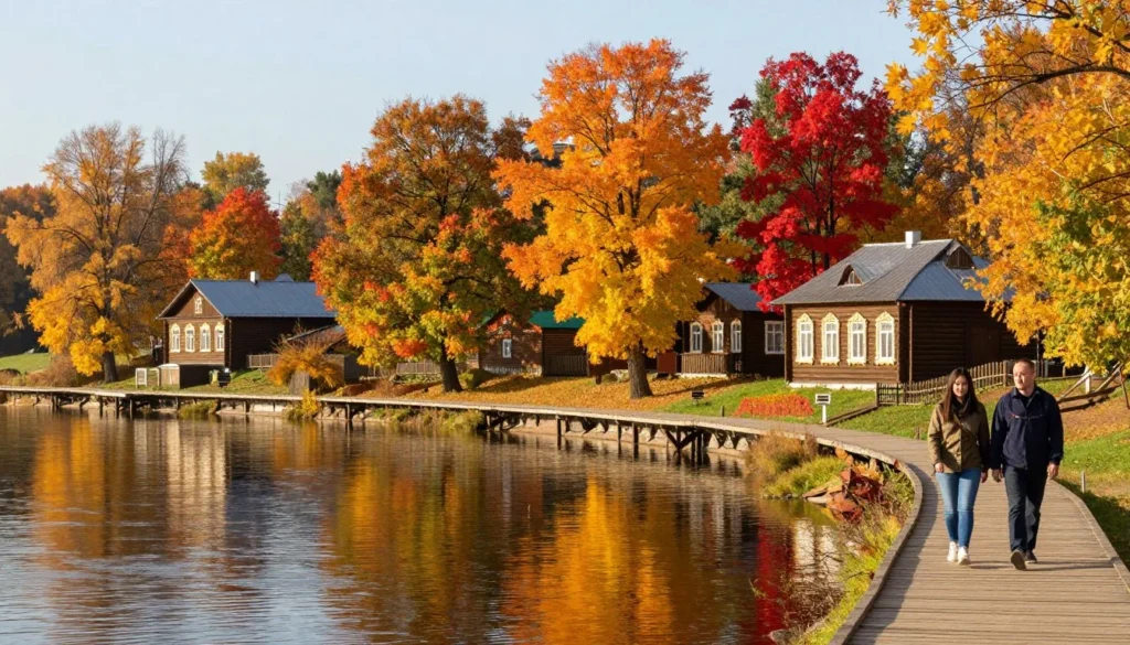 Autumn landscape along Volga River with colorful foliage and traditional Russian wooden architecture