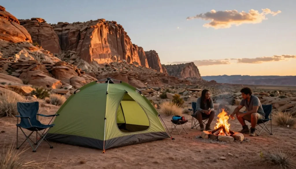 Backcountry camping setup with tent at base of limestone cliffs Backcountry camping setup with tent at base of limestone cliffs
