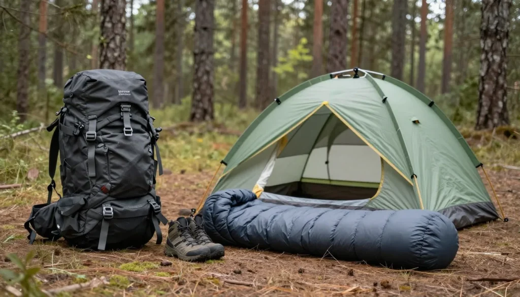 Backpack and camping gear laid out on ground near tent Backpack and camping gear laid out on ground near tent