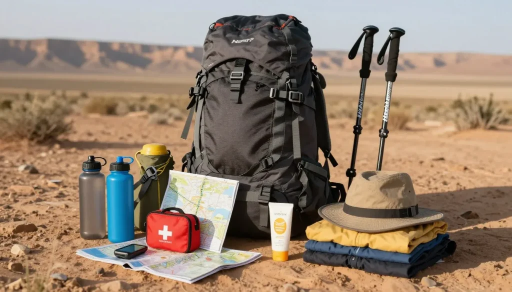 Backpack with organized hiking gear laid out on desert ground Backpack with organized hiking gear laid out on desert ground