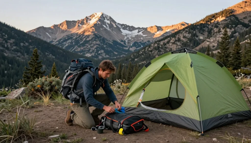 Backpacker preparing gear at mountain campsite Backpacker preparing gear at mountain campsite