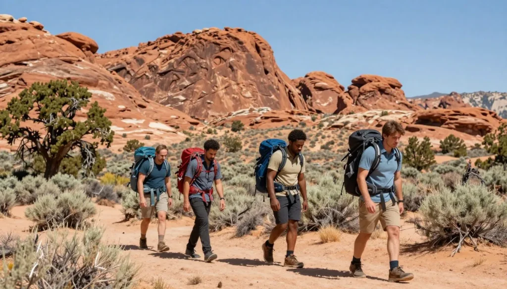 Backpackers hiking through Grand Staircase–Escalante wilderness landscape Backpackers hiking through Grand Staircase–Escalante wilderness landscape
