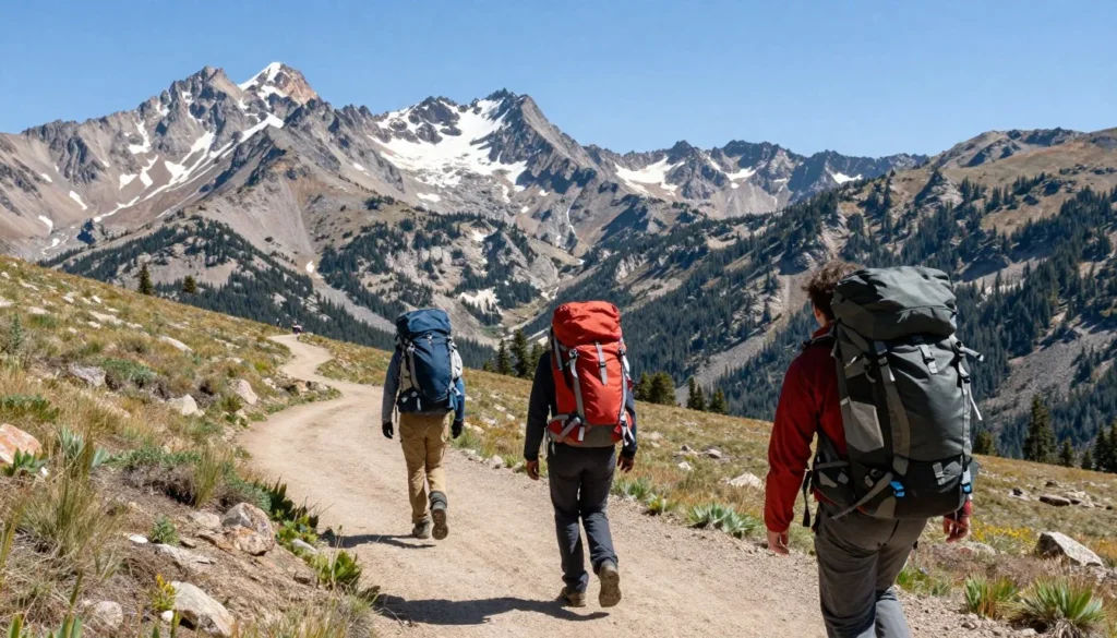 Backpackers on Ruby Crest Trail with mountain views Backpackers on Ruby Crest Trail with mountain views