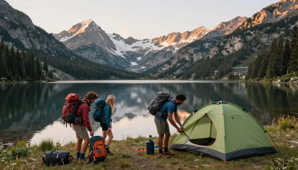 Backpackers setting up camp near alpine lake with mountain reflection