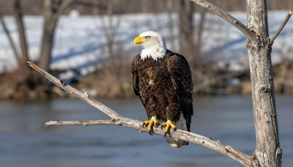 Bald eagle perched near Tennessee River during winter season