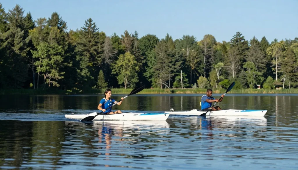 Bays Mountain Lake with kayakers paddling