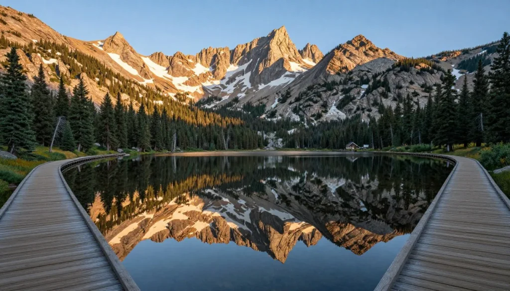 Bear Lake reflecting mountain peaks and pine forest in Rocky Mountain National Park