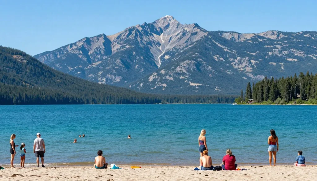 Bear Lake turquoise water with diverse families enjoying beach activities