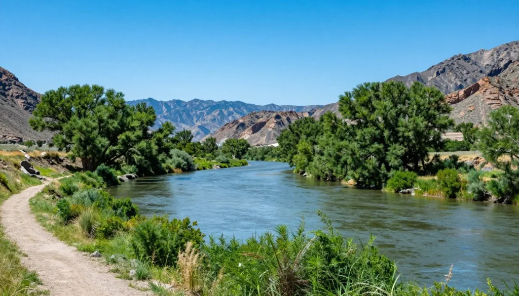 Beautiful landscape view of Oxbow Nature Study Area with mountains in background