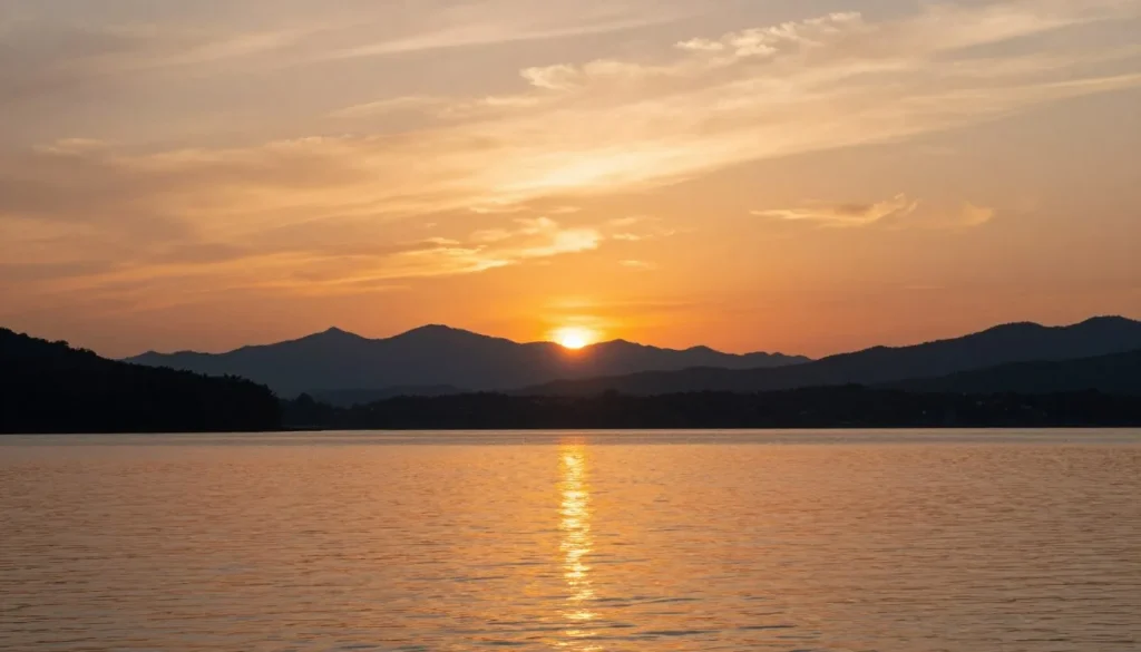 Beautiful sunset over South Holston Lake with mountain silhouettes