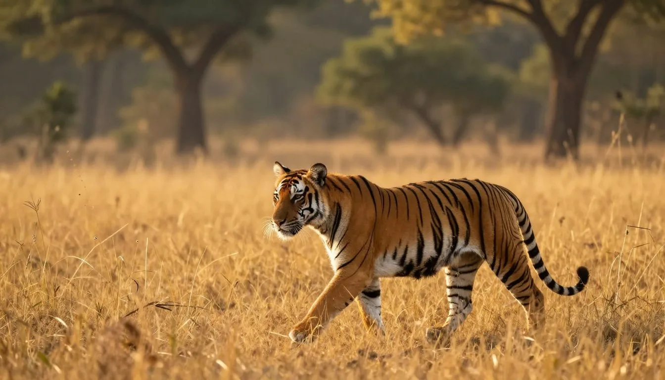 Bengal tiger walking through tall golden grass in Bandhagarh National Park