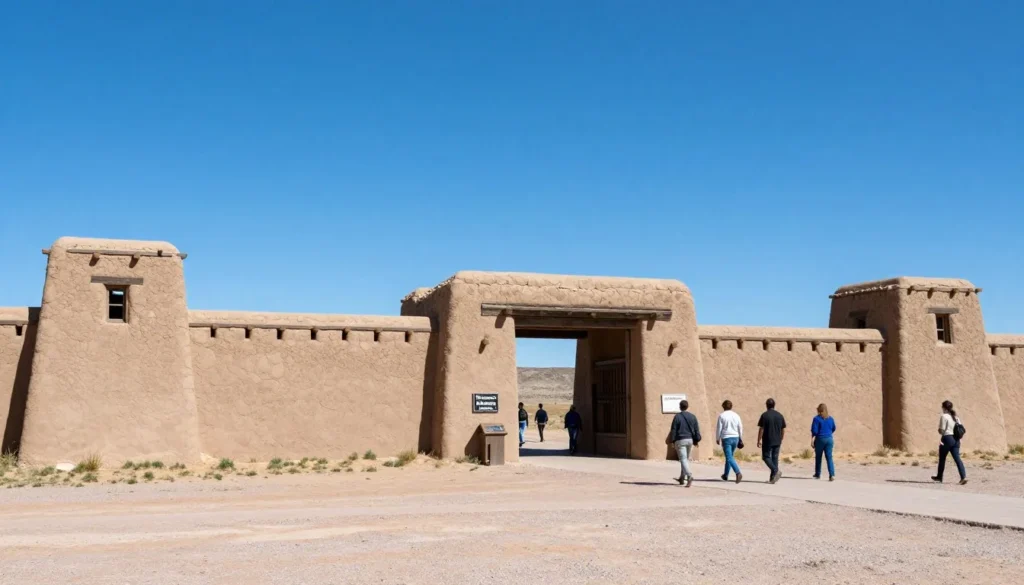 Bent's Old Fort National Historic Site adobe fort building against blue Colorado sky Bent's Old Fort National Historic Site adobe fort building against blue Colorado sky